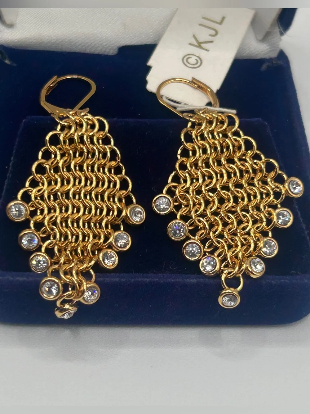 Kenneth Jay Lane Gold Chainmail Drop Earrings with Crystal Accents